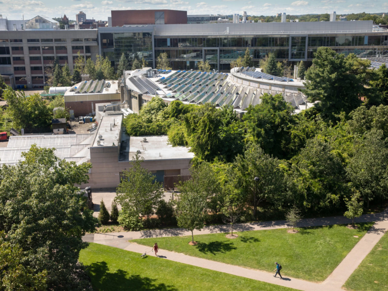 Buildings and solar panels from above