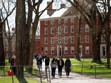 students walking in Harvard Yard.