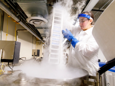 A researchers handling a refrigerated item