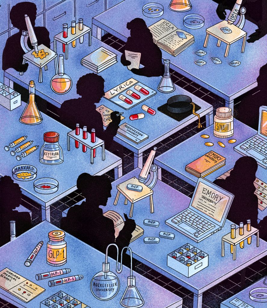 An illustration of people in a lab creating new drugs