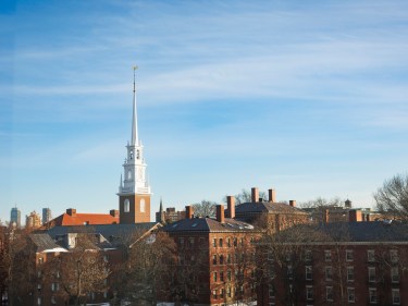 Church of steeple against a blue sky.