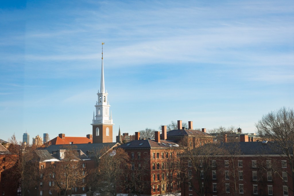 Church of steeple against a blue sky.