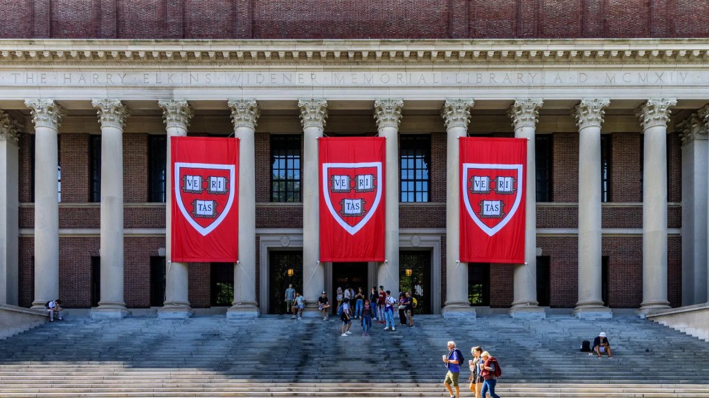 Banners in front of Widener Library