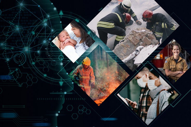 Collage of images of people in public health and disaster scenarios.