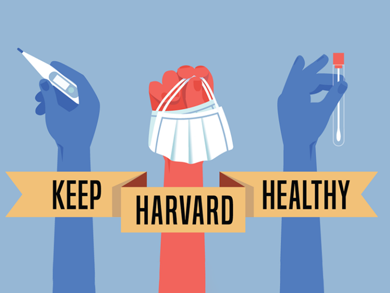 an illustration of a hand holding a mask, and a banner that says "keep harvard healthy"
