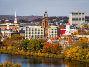 skyline of Harvard yard and Cambridge