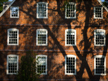 Shadows against a brick building with a dozen windows.