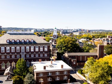 Aerial shot of campus skyline.