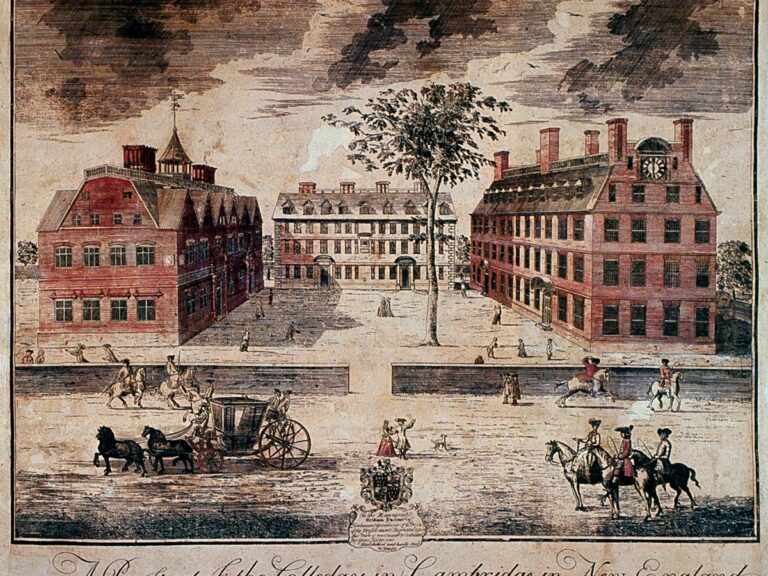 18th century portrait of original buildings in Harvard Yard.