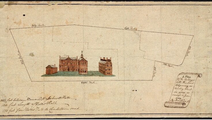 Old drawing depicting four buildings at the center.