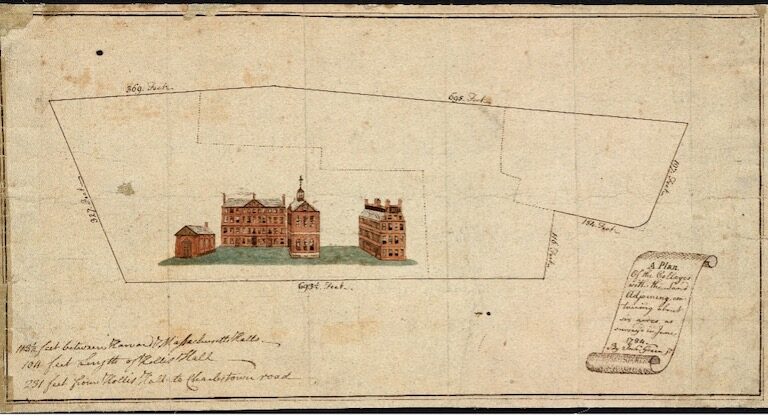 Old drawing depicting four buildings at the center.