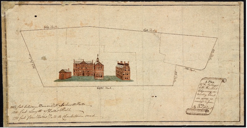 Old drawing depicting four buildings at the center.