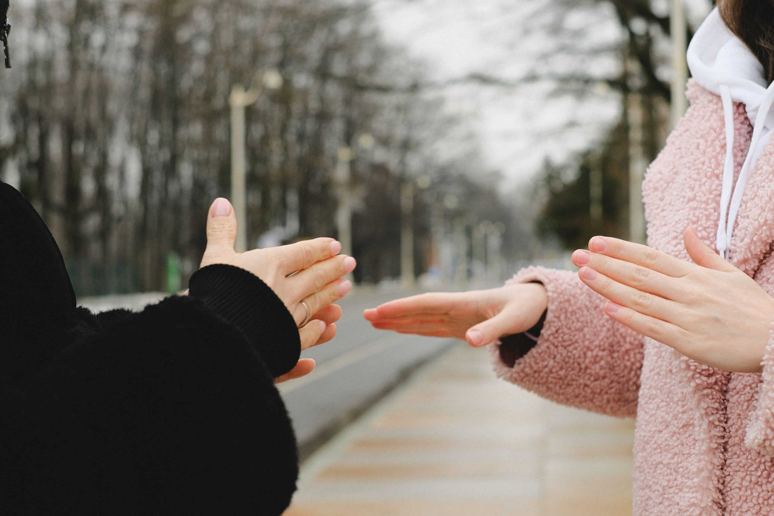 Two people communicating in sign language