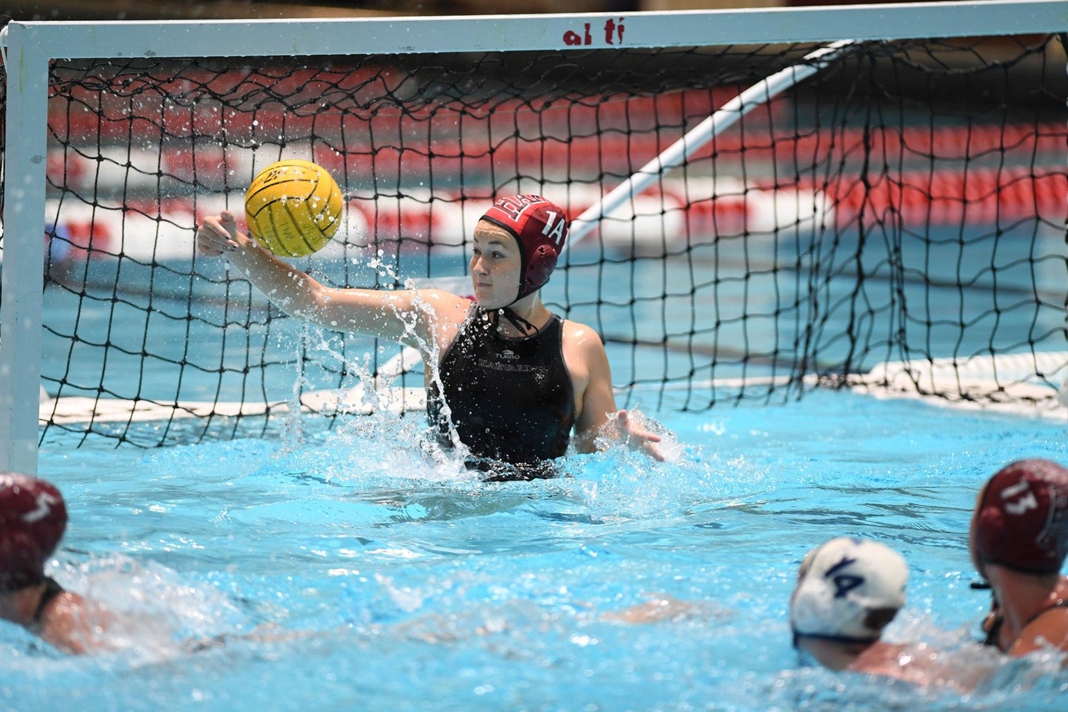 A water polo goalie catching the ball.