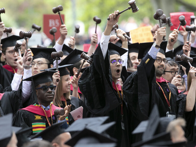 A crowd of students in graduation garb with gavels cheering.