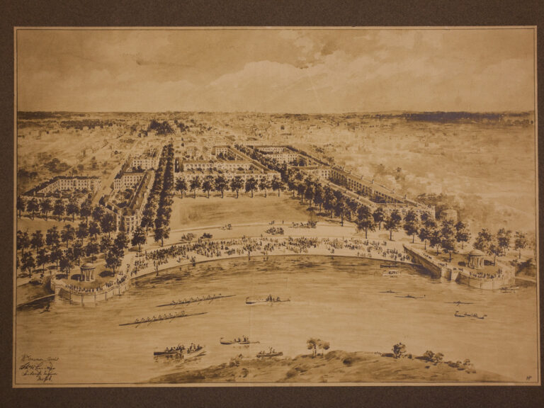 A sepia drawing of the original Harvard Campus.