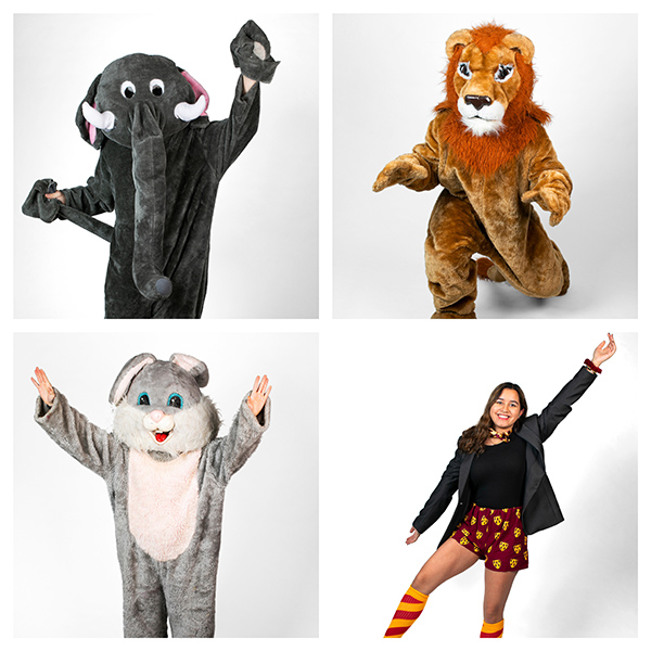Four house mascots - a mastodon, a tiger, a hair, and a student in crimson and gold attire 