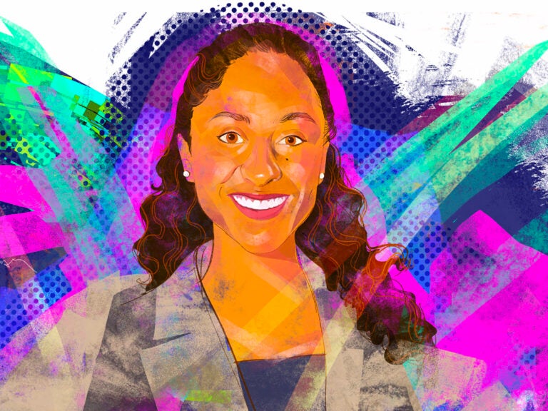 An illustration of Ana Billingsley in a suit jacket with a colorful background