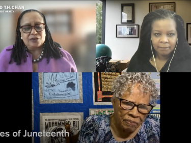 A zoom call with three women talking