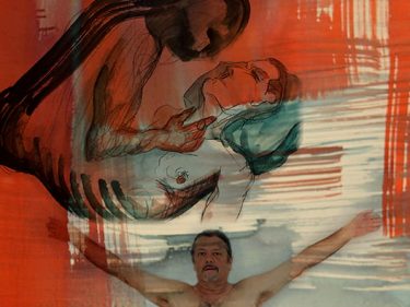 A watercolor depicting people