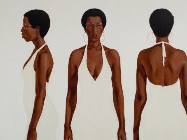 A painting of an African American woman in a white dress