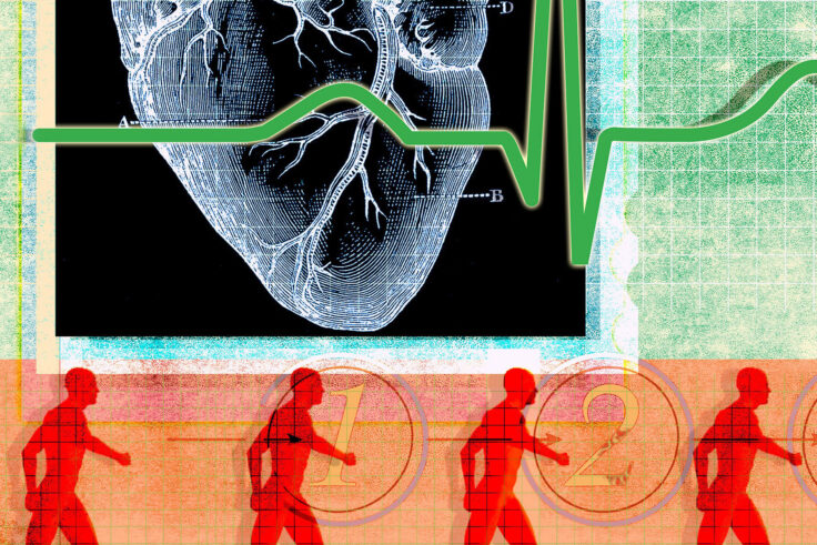 An illustration of a heart and people walking