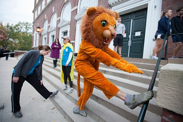 A person dressed as a lion stretches on the stairs before a run