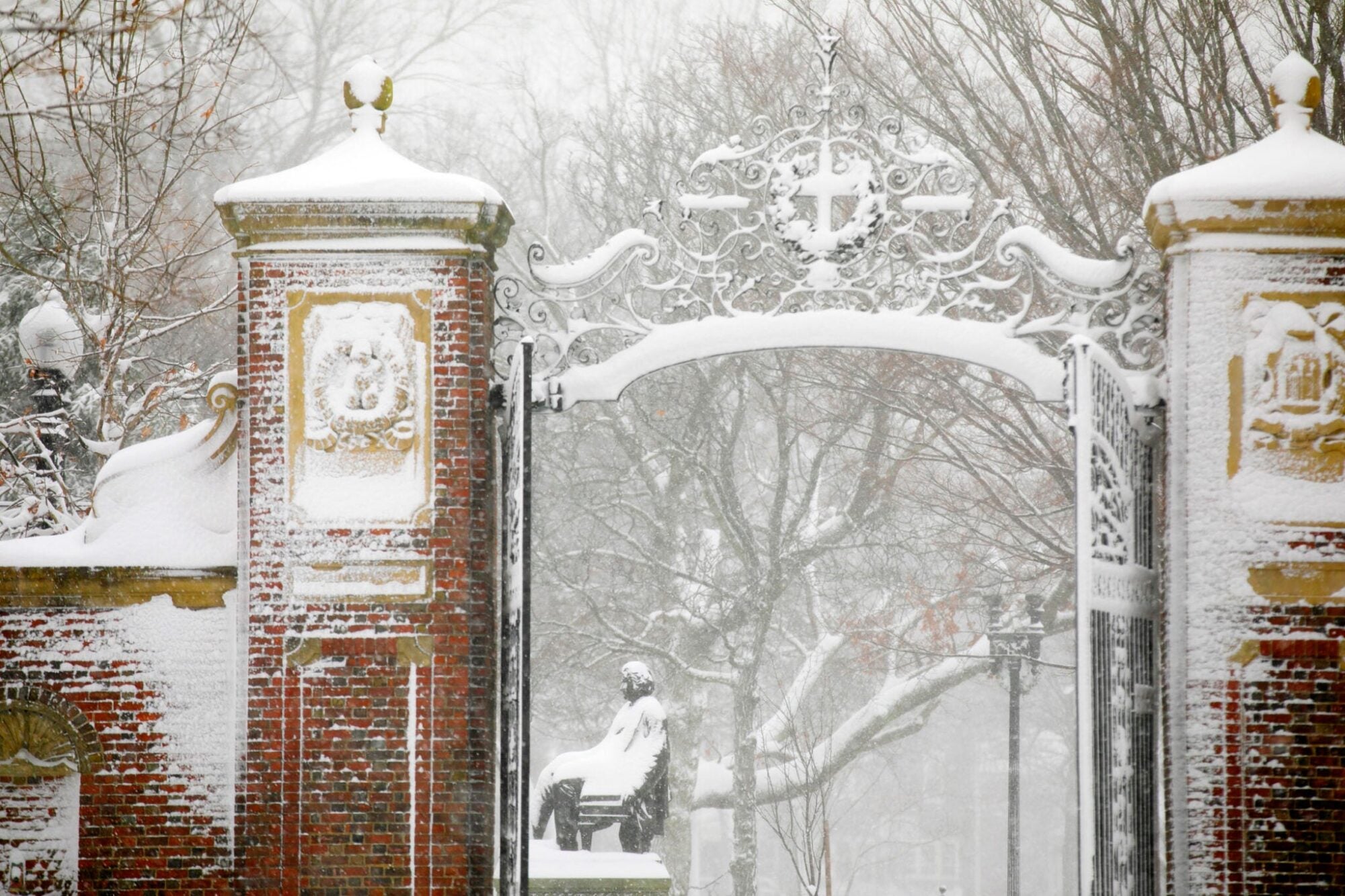 Snow falling around a Harvard Yard gate