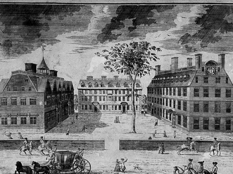 An image of buildings making up Harvard College in 1767