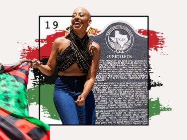 A collage of a flag, a woman smiling, and a plaque about Juneteenth