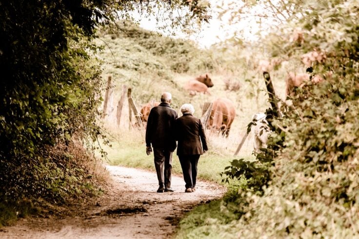 An elderly couple walk through a wooded path