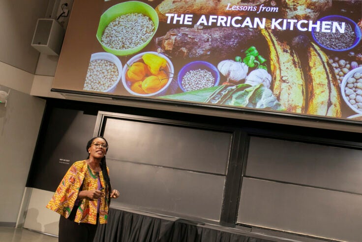 A woman lectures on stage with a slide reading "The African Kitchen" behind her