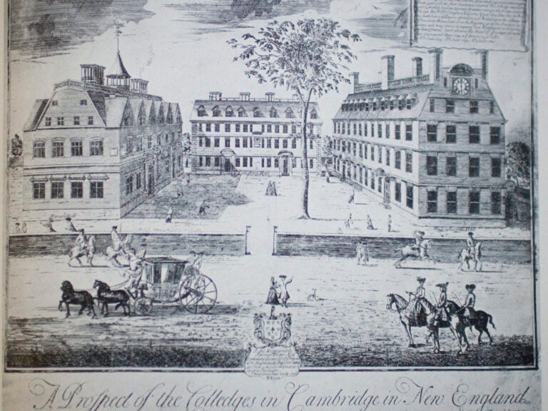 A drawing of Harvard Yard in the 1700s