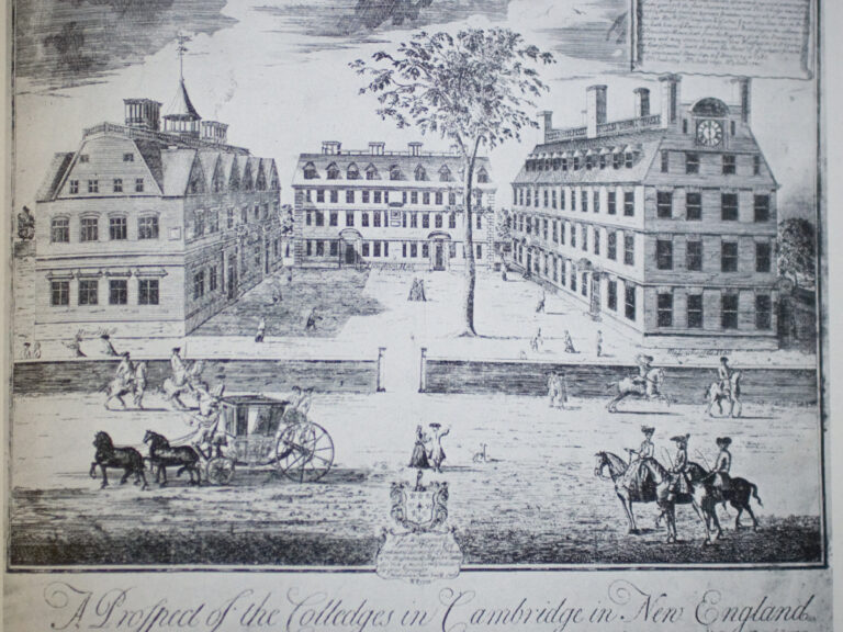 A drawing of Harvard Yard in the 1700s