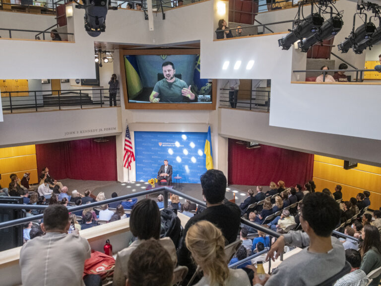 Students listening to the president of Ukraine talk