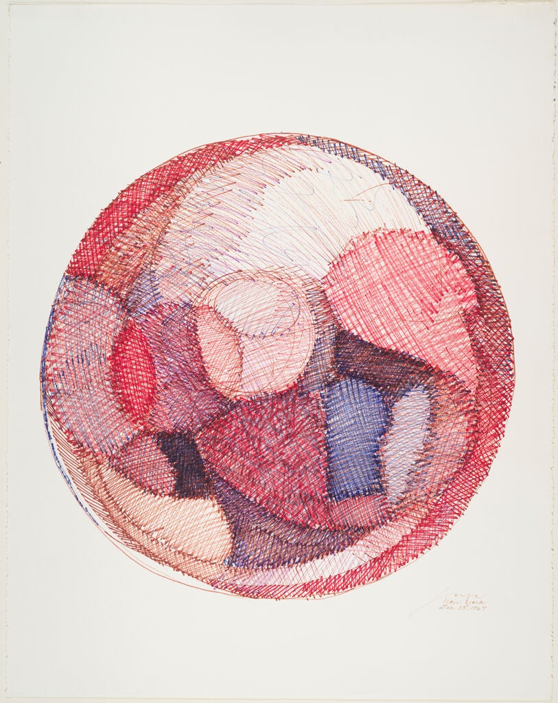 A drawing of a ball made up of pieces, like a quilt