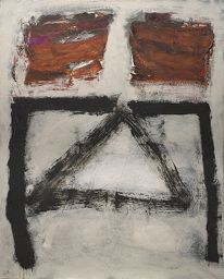 A painting with two brown rectangles and a black outline of a triangle