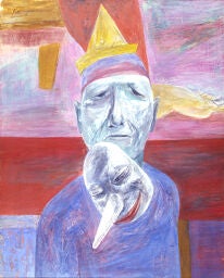 A painting of a jester with a mask hanging in front of him