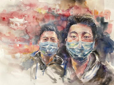 A watercolor of two men wearing COVID masks
