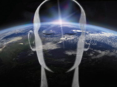 A figured with closed eyes in front of the Earth