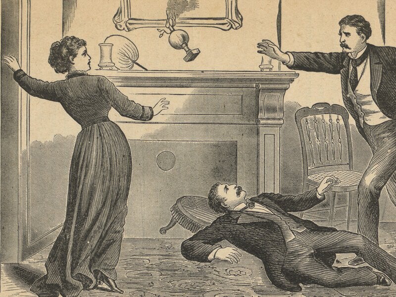 An old sketch of a man throwing something at a woman