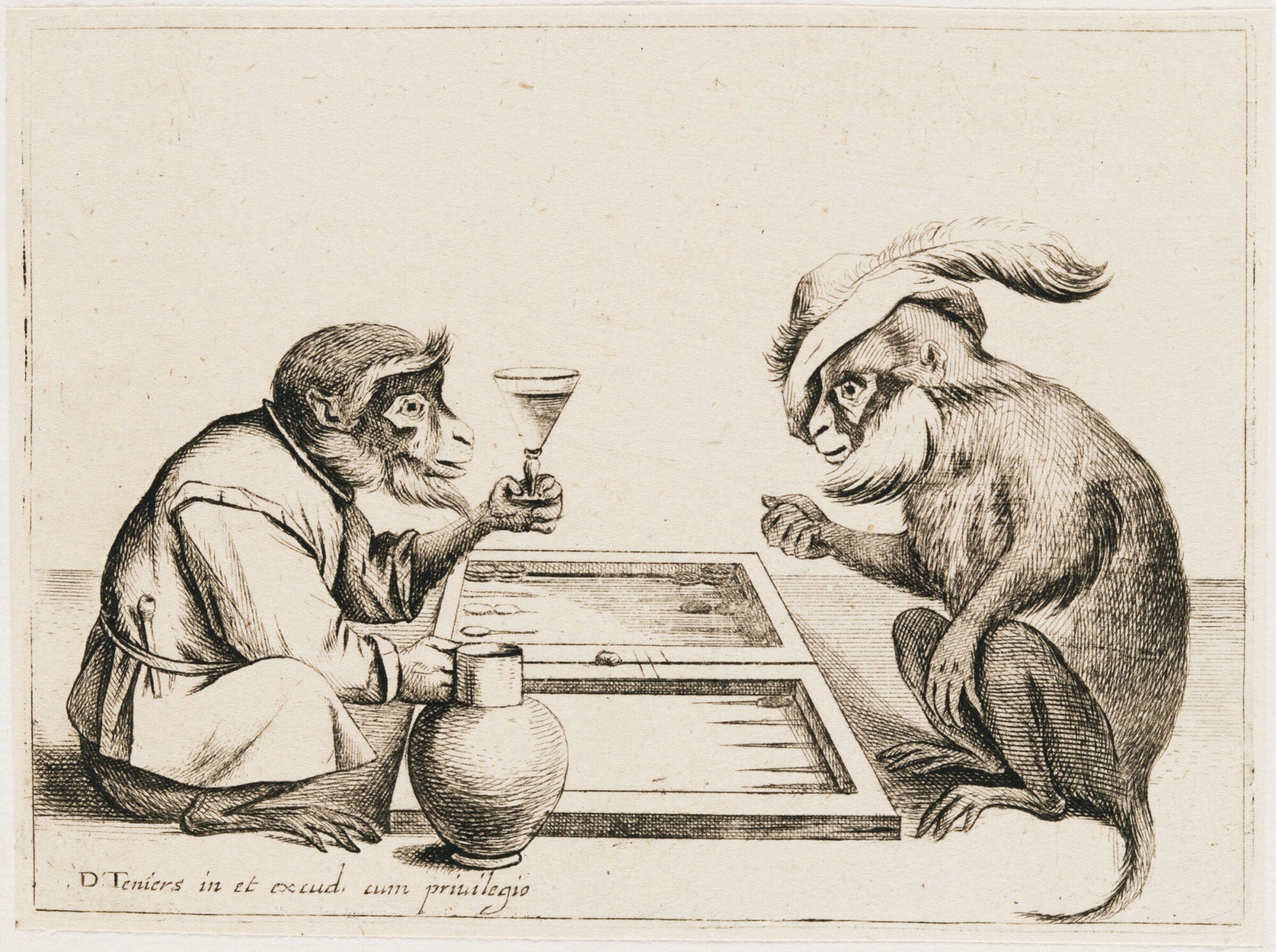 A print of two monkeys playing backgammon