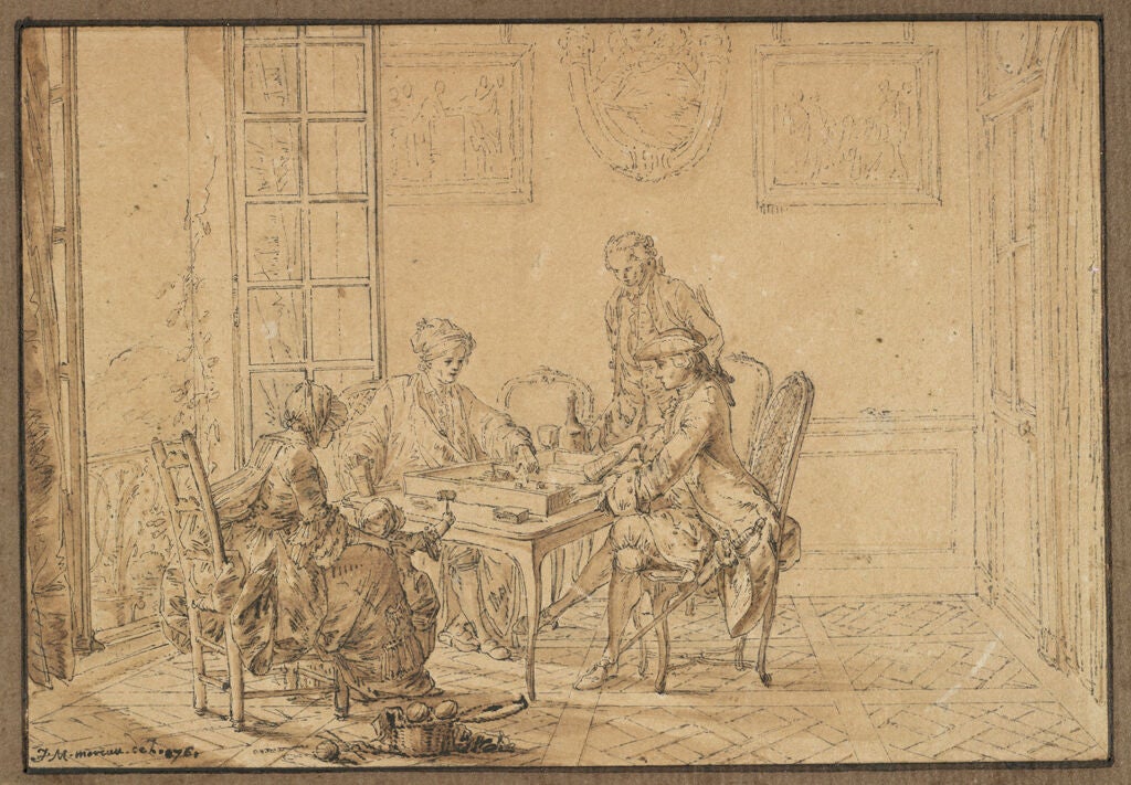 A drawing of people playing a board game