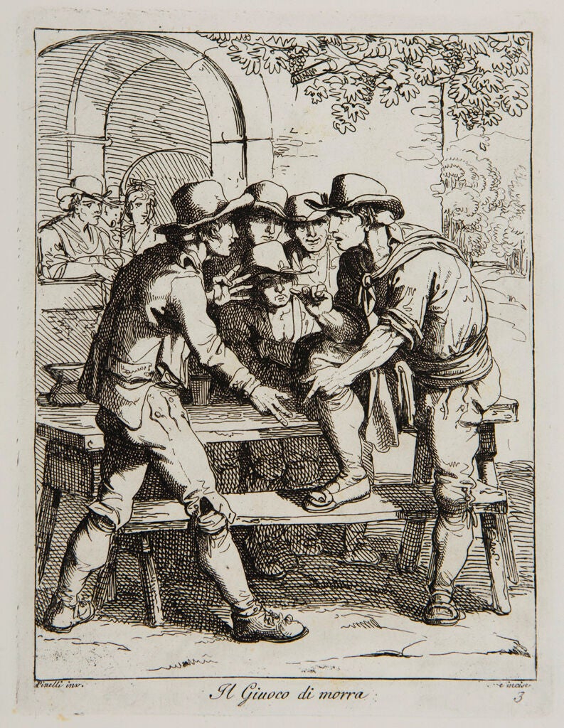 A drawing of men playing a game with fingers