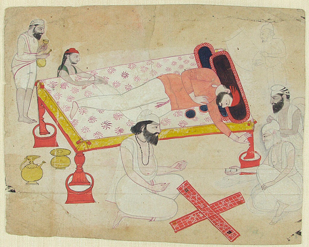 A painting of men playing a game on the floor