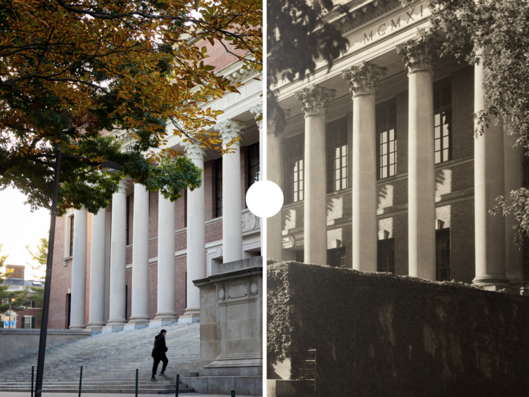 A split image of widener library. One new and one old