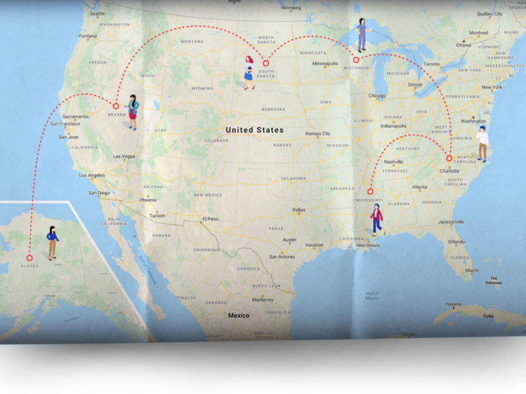 A map of the united states with cartoon people on it
