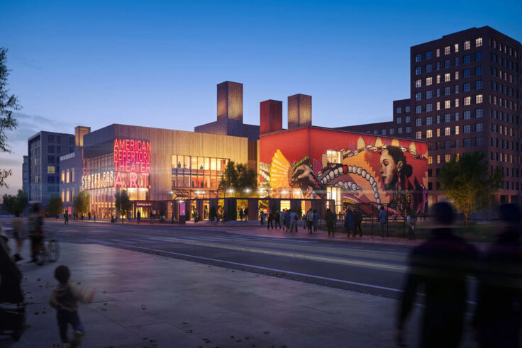 Architectural rendering of buildings in the evening