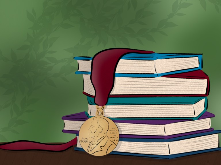 An illustration of books with a nobel prize on top
