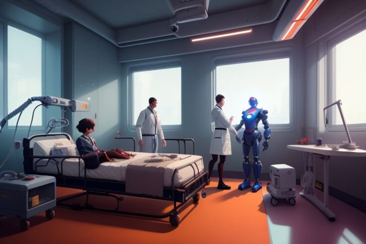 An AI created image of a doctor and a robot talking to a patient in a bed